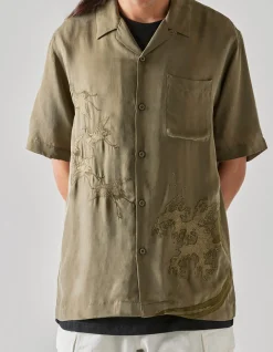 Shirts*Maharishi 4508 Flying Cranes Embroidered Shirt Maha Olive