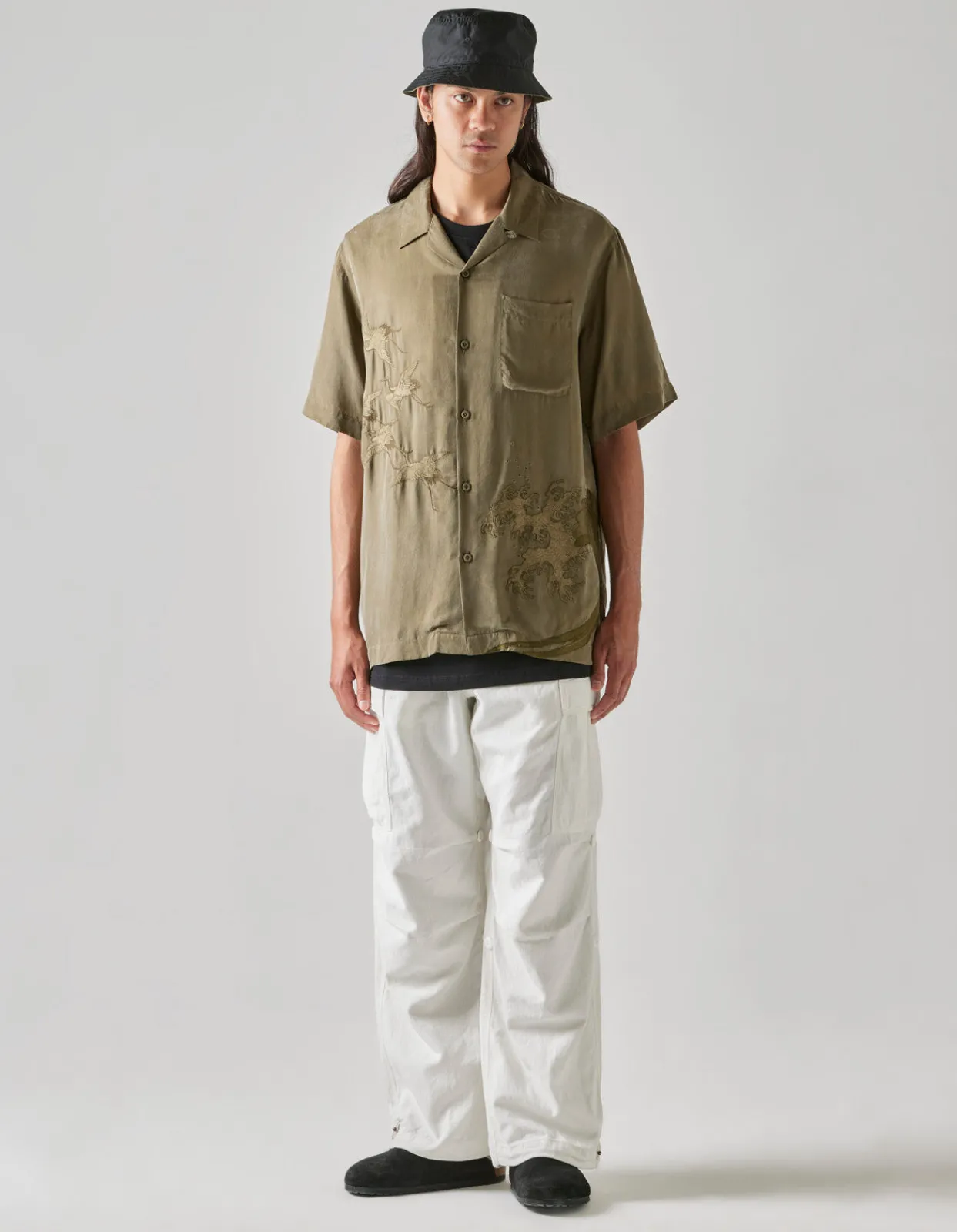 Shirts*Maharishi 4508 Flying Cranes Embroidered Shirt Maha Olive