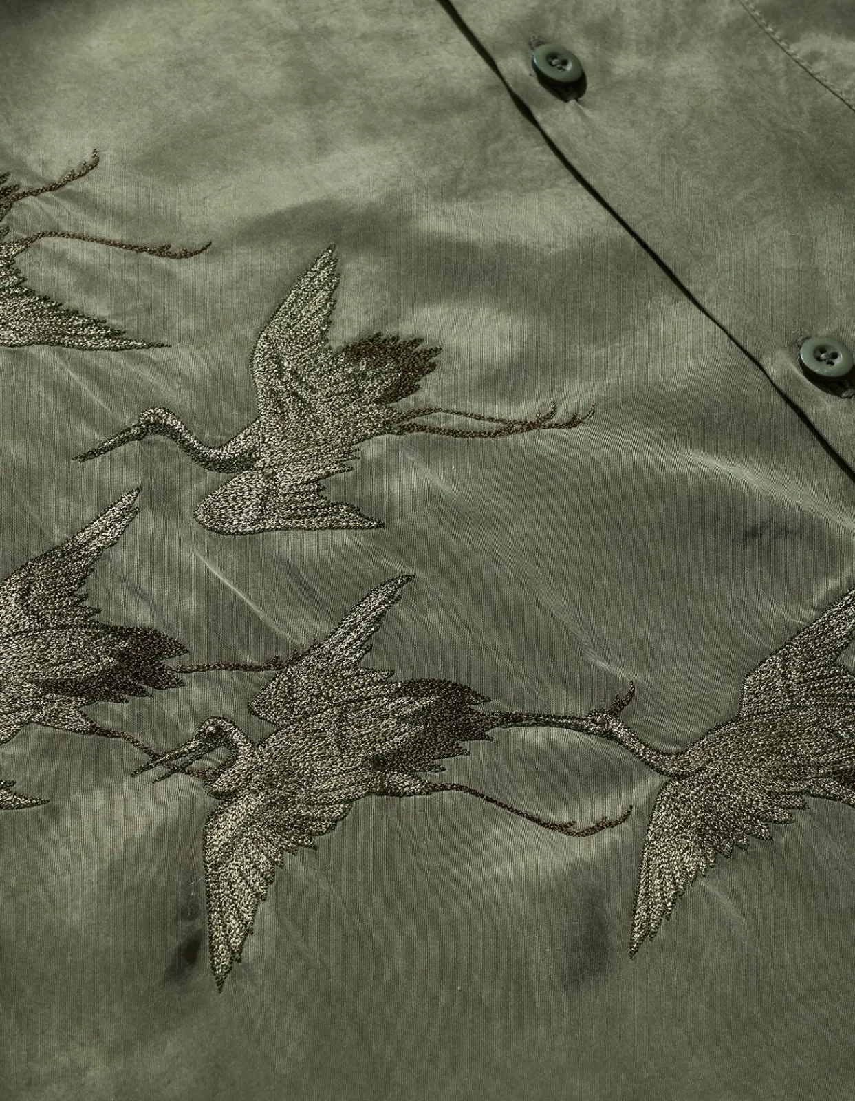 Shirts*Maharishi 4508 Flying Cranes Embroidered Shirt Maha Olive