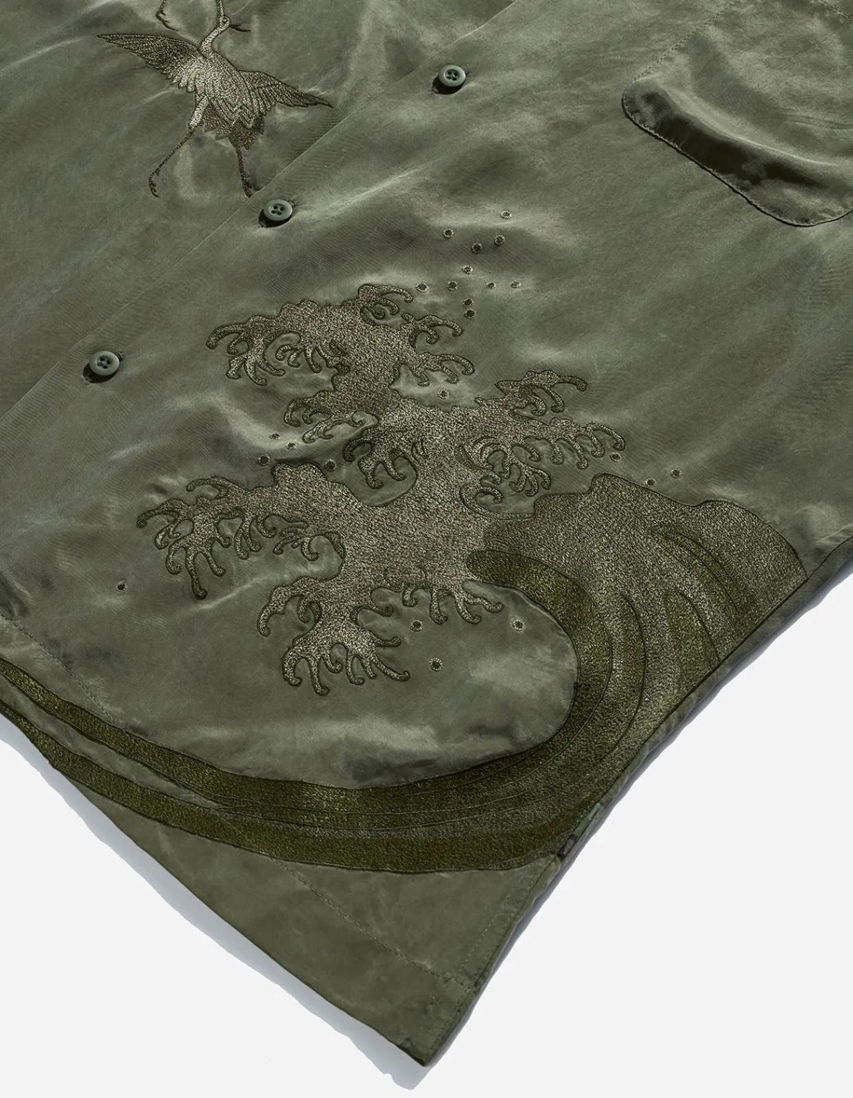 Shirts*Maharishi 4508 Flying Cranes Embroidered Shirt Maha Olive
