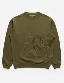 Crew Sweats*Maharishi 4242 Samurai Vs. Dragon Embroidered Crew Sweat Olive/Tonal