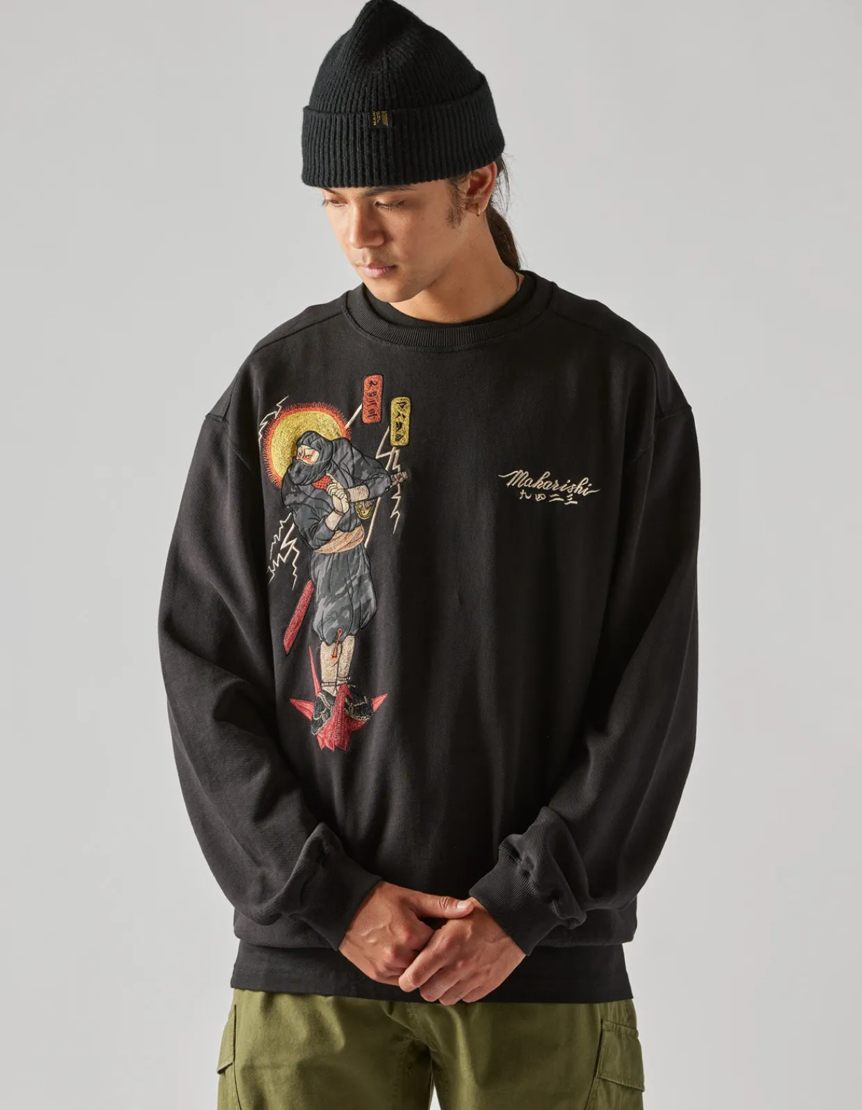 Crew Sweats*Maharishi 4503 Shinobi Embroidered Crew Sweat Black