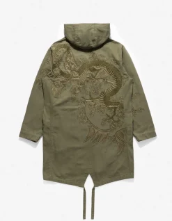 Parkas*Maharishi 4240 Water Dragon Embroidered Kimono Parka Olive Og-107Ff